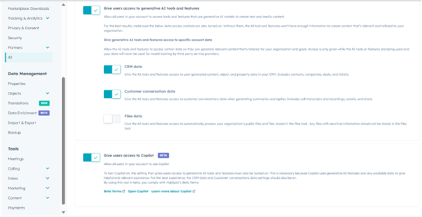 HubSpot AI Access settings