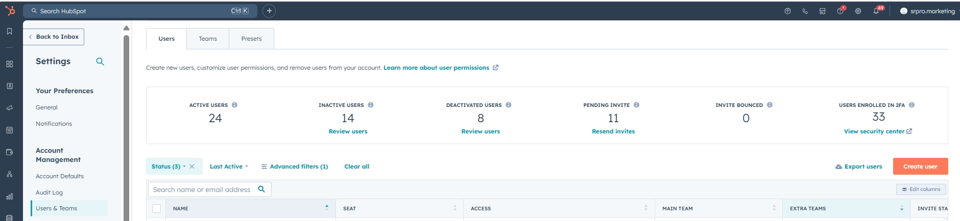 HubSpot Users Settings