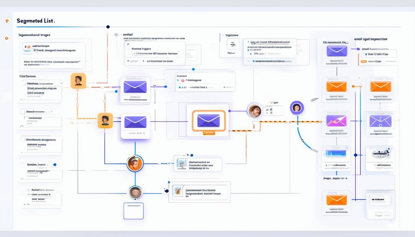 A diagram of workflows or automation pipelines, showing tasks like email triggers or segmented lists